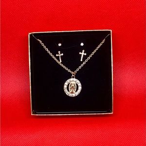 Christian Religious Necklace and Earrings Set Gold Tone - New in Package - Gift